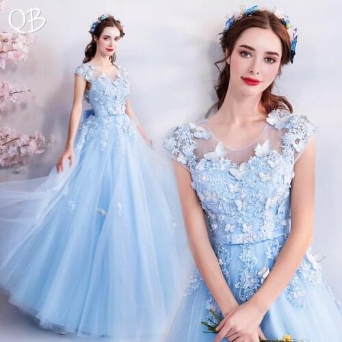 Sky Blue A-line Tulle Appliques Flowers Elegant Formal Evening Dresses 2020 New Fashion Bride Party Prom Dress XH168