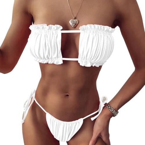 New Stylish Women Sexy Leopard Pleated Tube Top Bra G-string Briefs Bikini Set Swimsuit Beach Wear