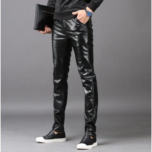 Autumn winter warm personality fashion motorcycle faux leather pants mens feet pants pu trousers for men pantalon homme black