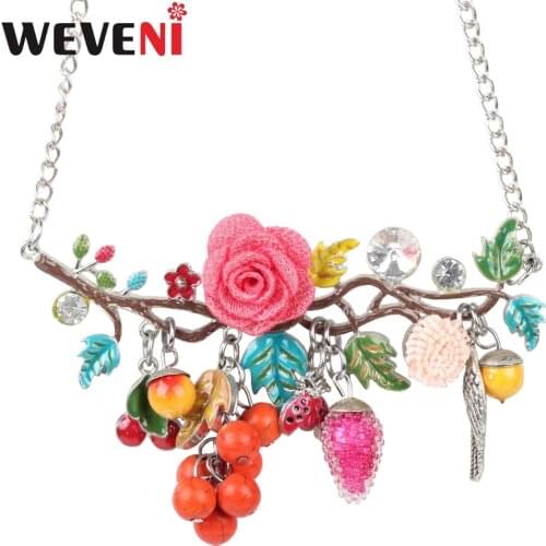WEVENI Statement Metal Flower Fruits Tassel Tree Plant Choker Necklace Pendants Chain Collar Fashion Enamel Jewelry For Women