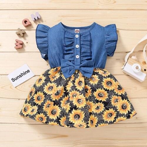 Toddler Baby Girls Dress Bowknot Denim Splice Sunflower Fly Sleeve Leopard Print Princess Dresses Vestidos платье для девочки L