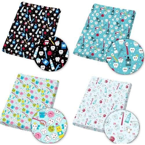 Polyester Cotton Fabric Cartoon Printed Cloth Fabrics Teeth Healthcare Theme Sheet DIY Dress Handbag Sewing Materials 45*145cm