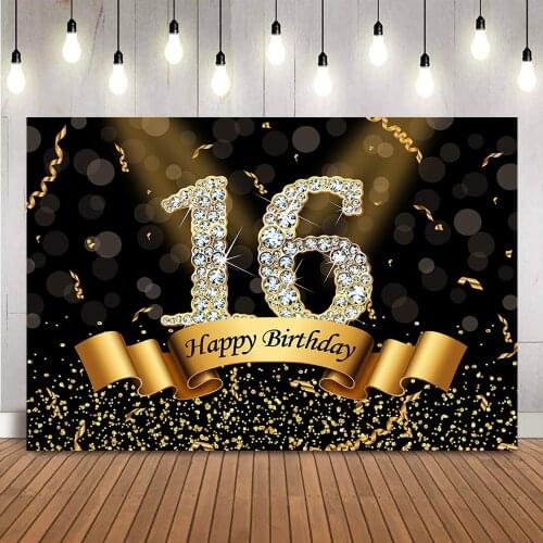 Sweet 16 Birthday Backdrop for Photography Girls Black and Gold Birthday Party Decoration Supplies Banner Bokeh Photocall Props