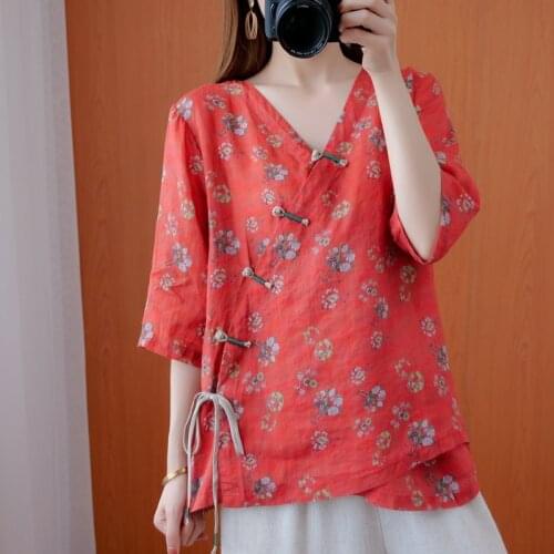 Traditional Chinese Style Clothing Women Vintage Cheongsam Tops Fashion Retro Print Qipao Shirts Oriental Hanfu T-Shirt 12144