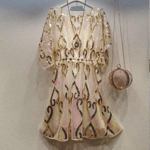 Summer Vintage 3 Colors Hollow Out Mesh Patchwork Beading Round Neck Sequin A-line Fashion Evening Party Cocktail Dress 43101