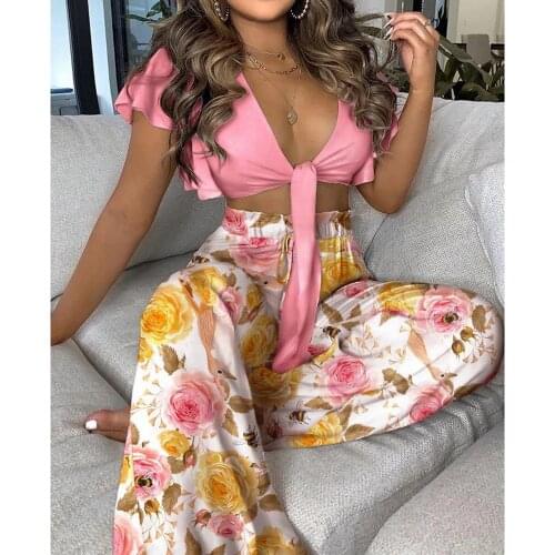Wsevypo Summer Printed Two-piece Pants Sets Women Casual Top and Pants Suits Tie Up Front Crop Tops+High Waist Loose Trousers
