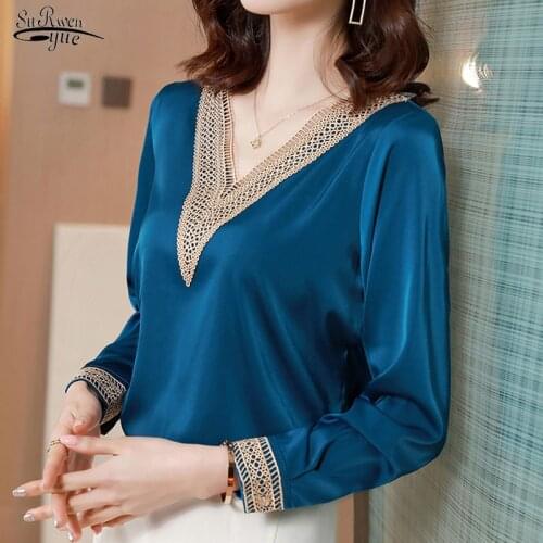2021 Long Sleeve Satin Women Blouses and Tops Casual V Neck Plus Size Women Shirts Fashion Silk Ladies Clothing Blusas 15865