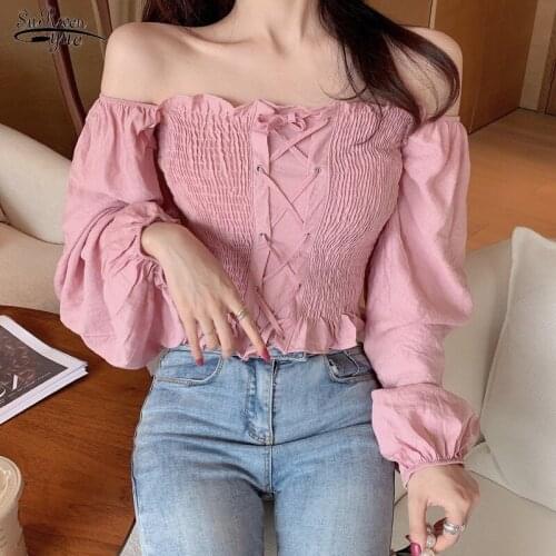 Womens Solid Lace Up Ruffled Blouse Girls Sweet Ruffles Slash Neck Full Lantern Sleeve Cropped Blouse Crop Top For Female 10160