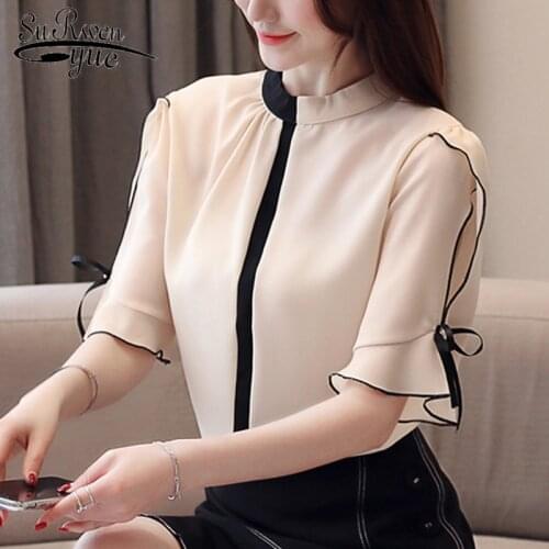 2021 Summer New Large Size Hit Color Loose Slim Chiffon Blouse Women Short-Sleeve Stand Collar All-match Ladies' Shirt 8956 50