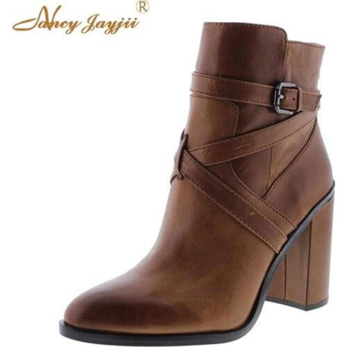 Female Ankle Boots Brown Lady Adult Shoes Super High Square heels Round Toe Buckle Spring/Autumn Mature Elegant Fashion 2019
