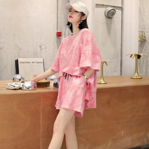 2021 Summer New Womens Suits Korean Plus Size Loose Short Sleeve T-shirt Short Pants Tie-dye Suit Casual Two Piece Sets Harajuku