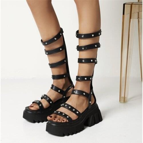 PXELENA Street Cool Rome Knee High Gladiator Sandals Women Rivet Platform Chunky Heels Hollow Out Punk Rock Gothic Shoes 35-43
