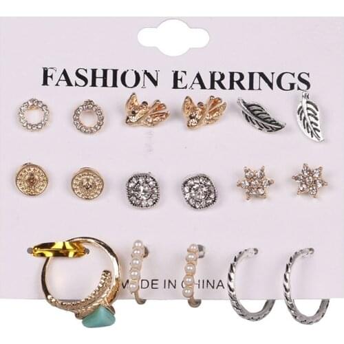 Antique Silver Color Leaves Small Stud Earrings For Women Jewelry Hot Selling Crystal Pearl Summer Earrings Set Mixed