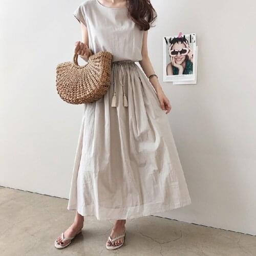 Johnature Women Vintage Dresses O-Neck Sleeveless Belt 2021 Summer New Solid Color A-line Robes Female Clothes Blend Dresses