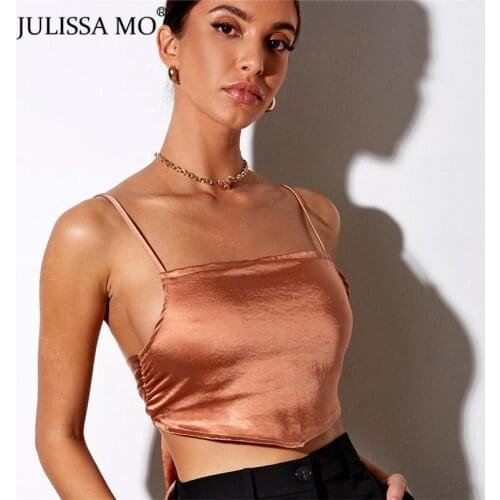 Julissa Mo Satin Backless Bandage Womens Crop Top 2021 Spring Summer Sleeveless Camic Sexy Elegant Clubwear Short T-Shirts New