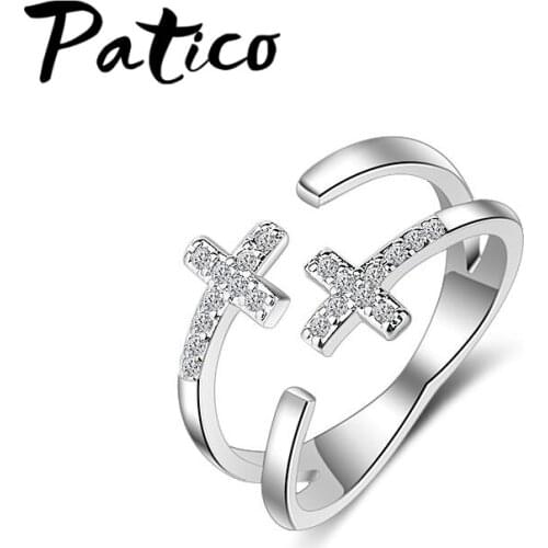 Latest 925 Sterling Silver Free Size Rings Shiny CZ Zircon Stones Double Cross Rhinestones Party Jewelry for Women Femme