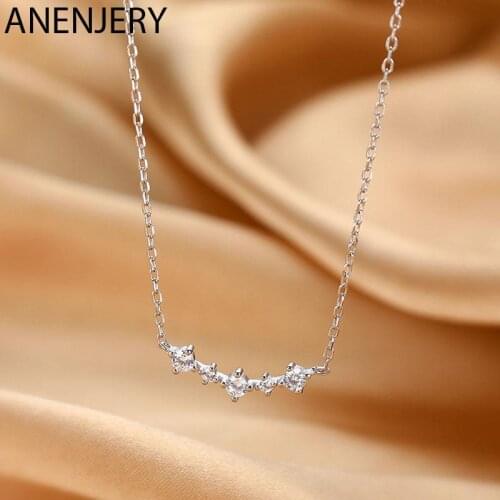 ANENJERY 925 Sterling Silver Shiny Zircon Arc Pendant Necklace for Women Niche Simple Clavicle Chain All-match Student Jewelry