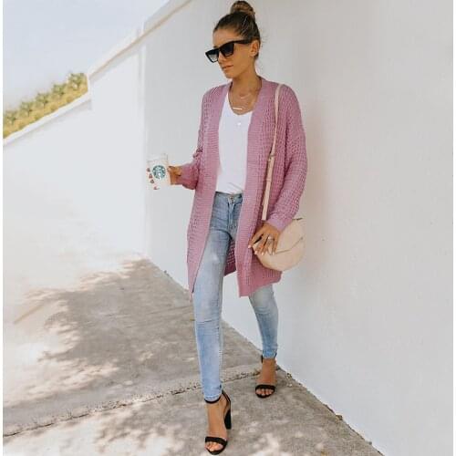 Women Loose Style Knitted Coat Solid Color Cardigan with Pockets, Pink/ Dark Green/ Light Grey/ Beige