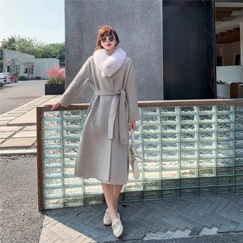 Ladies Winter X-Long Double-Sided Wool Coat with Detachable Natural Fox Fur Collar Female Thickening Warm Overcoat