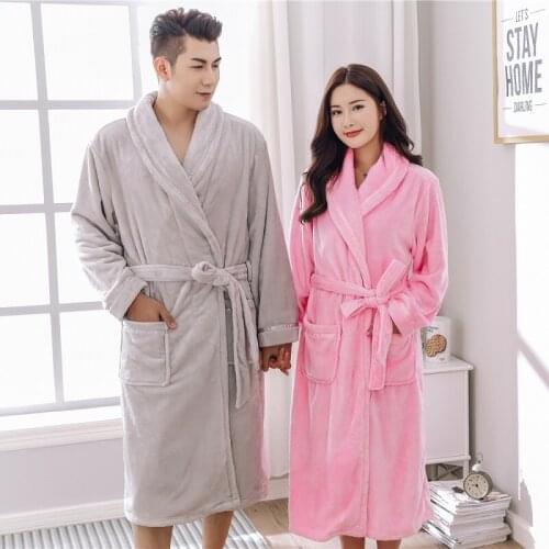 Winter thicken Flannel Robes men women bathrobe pure color grey Robe pink mid-calf couples nightgown V-Neck homewear