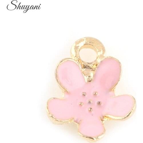 13*10mm Gold Color Pink Flower Charm Pendant for DIY Women Necklace Jewelry Making Accessories