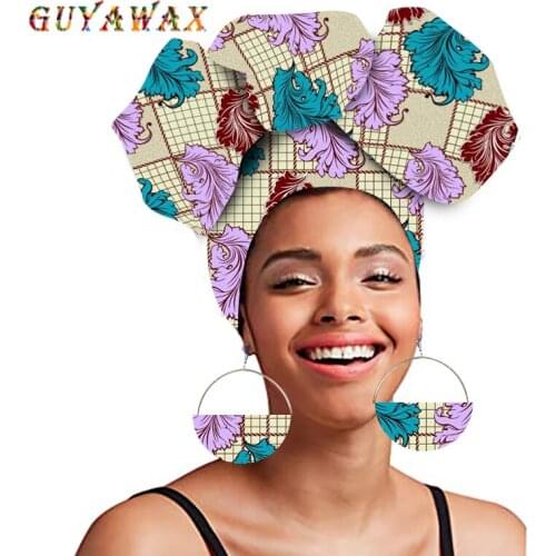 2021 Fashion African Head Scarf And Earrings 2 Pieces Women African Clothing Bazin Rich Headwear Wax Ankara Headtie Turban Scarf