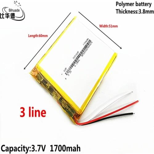 3 line Liter energy battery 3.7V,1700mAH 385160 Polymer lithium ion / Li-ion battery for tablet pc BANK,GPS,mp3,mp4