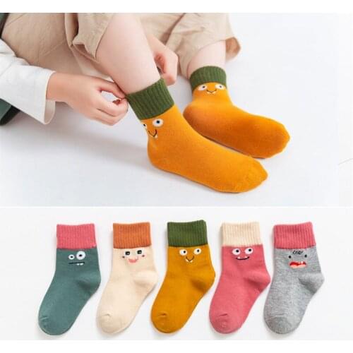 5 Pairs/Lot Cute Children Cotton Socks 4-12 Years Autumn Winter Spring Kids Boys Girls Warm Mid Socks Cartoon Stripe Sports Sock