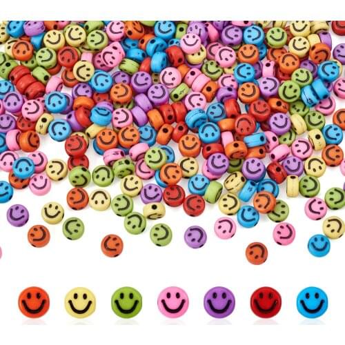 7mm Smiley Beads Acrylic Beads Flat Round Opaque Smiling Face Loose Spacer Beads for Jewelry DIY Bracelets Mix Color 410pcs/50g
