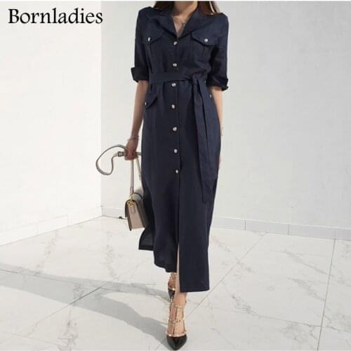 Bornladies 2021 Summer Elegant Office Lady V-neck Dress women Single-breasted A-line Long Dress Half Sleeve Loose Vestidos New
