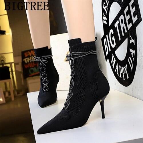 Black Sock Boots High Heel Boots Women Autumn Boots Fashion Female+shoes Sepatu Boot Wanita Botines Mujer 2020 Kozaki Damskie