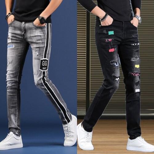 Korea version Printed broken jeans men embroidery slim casual trousers stretch denim pants four season jeans