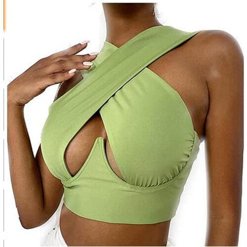 Womens Cross Tank Tops Sexy Sleeveless Solid Color Cutout Front Crop Tops Party Club Streetwear Summer Lady Bustier Tops