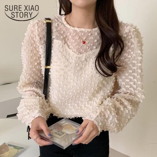 Early Spring Sweet Slightly Transparent O-Neck Puff Sleeve Blouse White Jacquard Fashion Top Female Long Sleeve Chic Shirt 13023