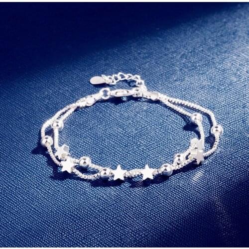 Fashion Simple Silver Color Star Bracelet Double Layer Round Bead Charm Bracelet for Women Romantic Valentines Day Gift Jewelry