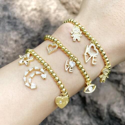 EYIKA Fashion Love Heart Evil Eye Elastic Gold Beads Chain Couple Bracelet for Women Zircon Moon Star Bangle CZ Jewelry Gifts