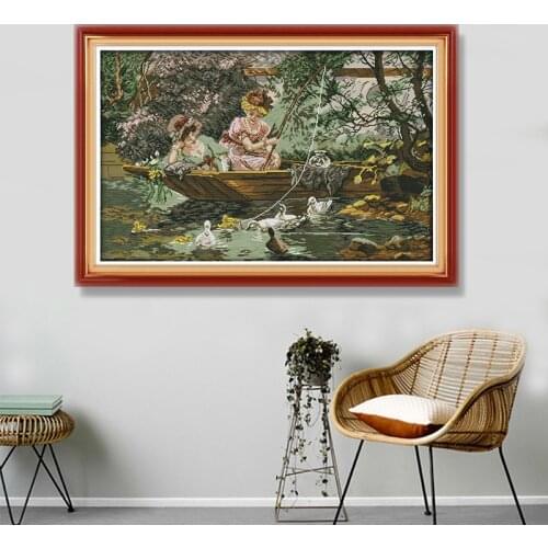 Joy Sunday Cross Stitch Kit Two Girls Riverside Fishing Character Landscape Figure 14ct 11ct Manual DIY Needlework Embroidery