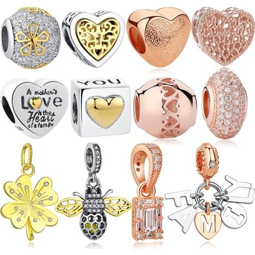 Rose Gold Love Heart Family Clover Bee Charm Fit Original Bracelet Beads 925 Sterling Silver Charms Authentic Jewelry