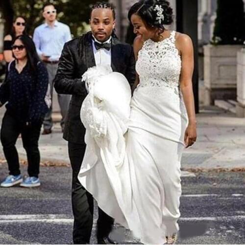 Mermaid Jewel Wedding Dresses Sexy Sheer Back Lace Appliques Western Country Bridal Gowns With Court Train Vestidos De Novia