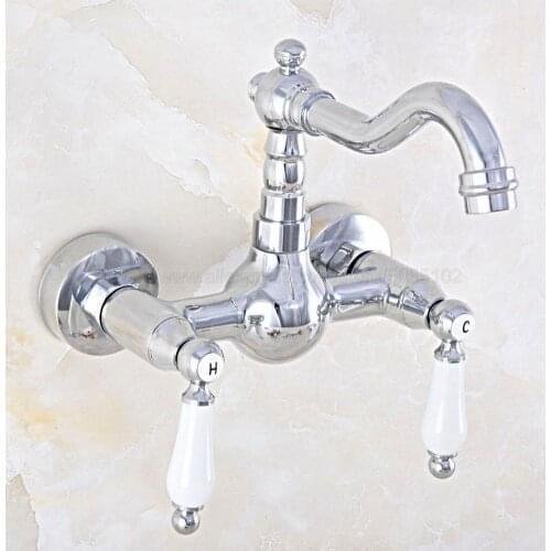 Basin Faucets Polished Chrome Brass Bathroom Kitchen Faucet Swivel Wall Mounted Dual Handle Hot Cold Mixer Taps znf562