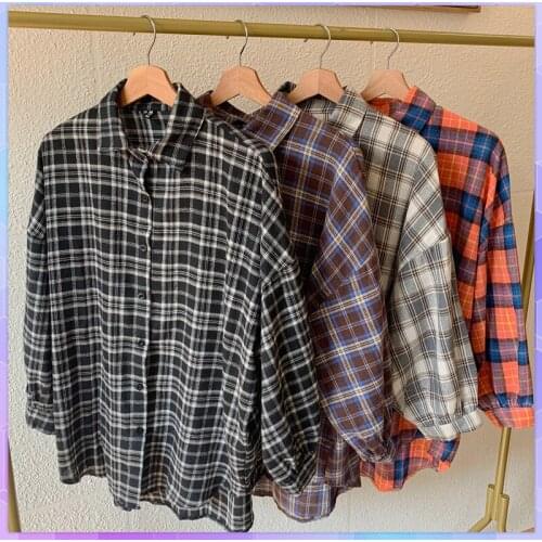Vintag Korean Plaid T-shirt Womens Tee Shirt and Tops Casual Slim Female Clothes Fashion Loose Thin Long Sleeve T-shirts Blusas
