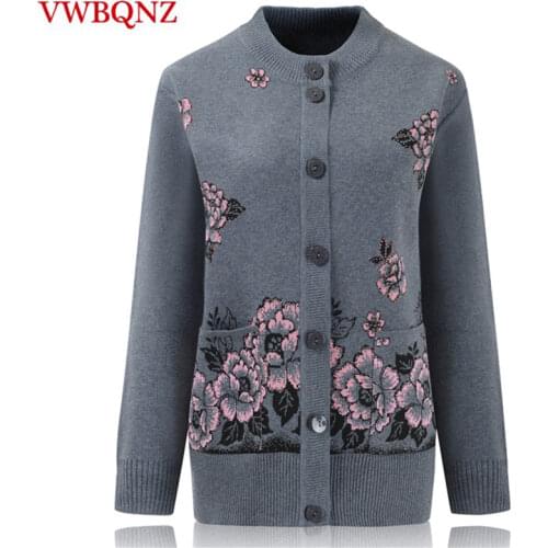 Grandma Knitted Cardigan Jacket Autumn Winter Loose Women Print Long-sleeve Sweater Coat Plus size Warm Cardigan Women clothing