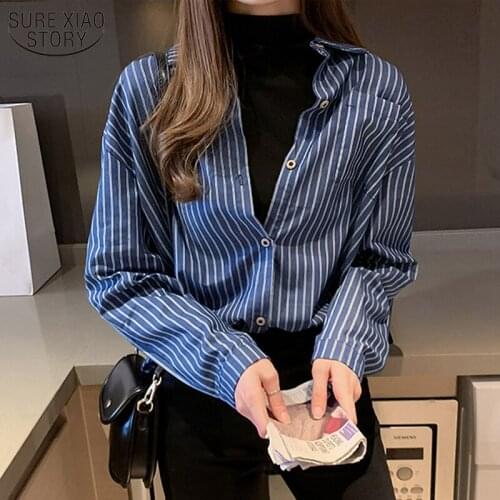 Female Korean Loose Long Sleeve Blouse Tops Women Shirts Blue Striped Shirt Pocket 2021 Autumn New Casual OL Style Blusas 10429