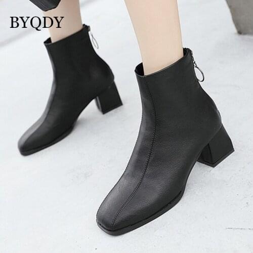 BYQDY 2021 Autumn Winter PU Leather Woman Boots Retro Square Toe Back Zipper Ankle Boots Square Heel Worker Shoes 5.5cm Heels