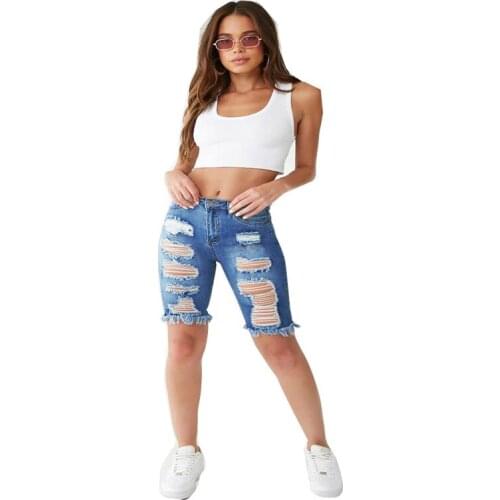 Women Skinny Mid Waist Short Jeans Summer Sexy Ripped Hole Tassel Denim Pencil Pants Women High Elasticity Knee-length Jeans