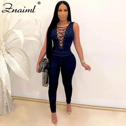 Znaiml Bandage Sexy Deep V-Neck Denim Jumpsuit Women Rompers Bodycon Spring Fall Jeans Overalls Casual Party Club Slim Playsuit