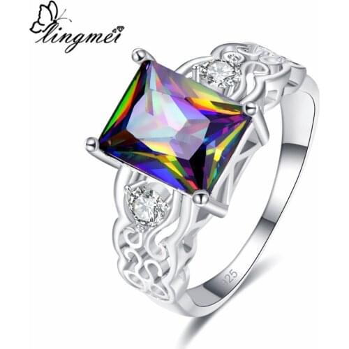 Lingmei Cocktail Party Women Birthstone Multi & White & Green Zircon Silver Color Ring Size 6 7 8 9 Wedding Band New Gifts