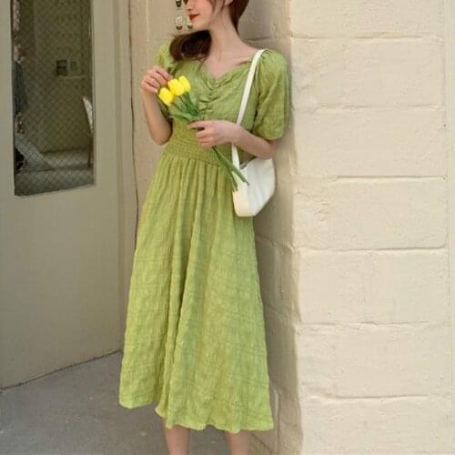French Dress Women Square Collar Puff Sleeve Square Collar Summer Dress Women A- Line Elegant Vintage Retro Dress Women