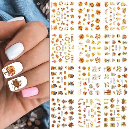 12pcs Gold Leaf Nail Stickers Autumn Maple Nail Art Water Decals Set Foils Decorations Designs Flowers Manicure Tool