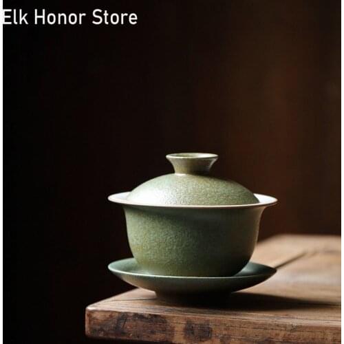 150ml Japanese Style Coarse Pottery Kiln Black Green Cover Bowl Handmade Tea Bowl Kung Fu Tea Set Tea Cup Sancai Cover Bowl